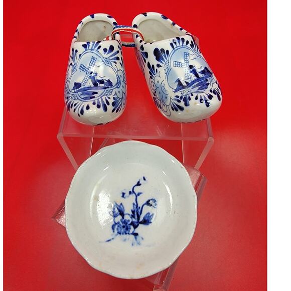 Vintage Delft Blue Hand Painted Clog Shoe Porcelain Holland Windmill & Plate - Picture 1 of 5